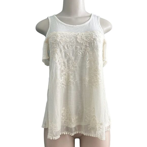 By & By Sheer Lace Front Overlay Ivory Cold Shoulder Short Sleeve Top Size XS - Picture 1 of 6